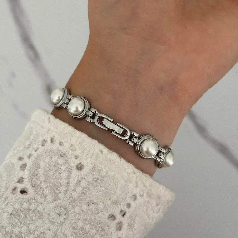 SKU:0121 cute vintage style silver mini watch bracelet with white‎ pearls